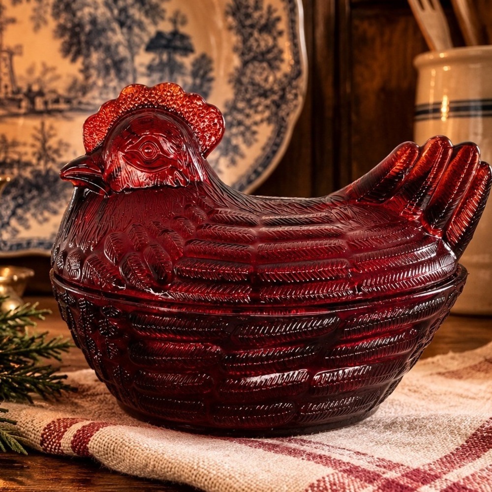 Vintage Cracker Barrel Red Glass Hen on Nest Covered Candy Dish